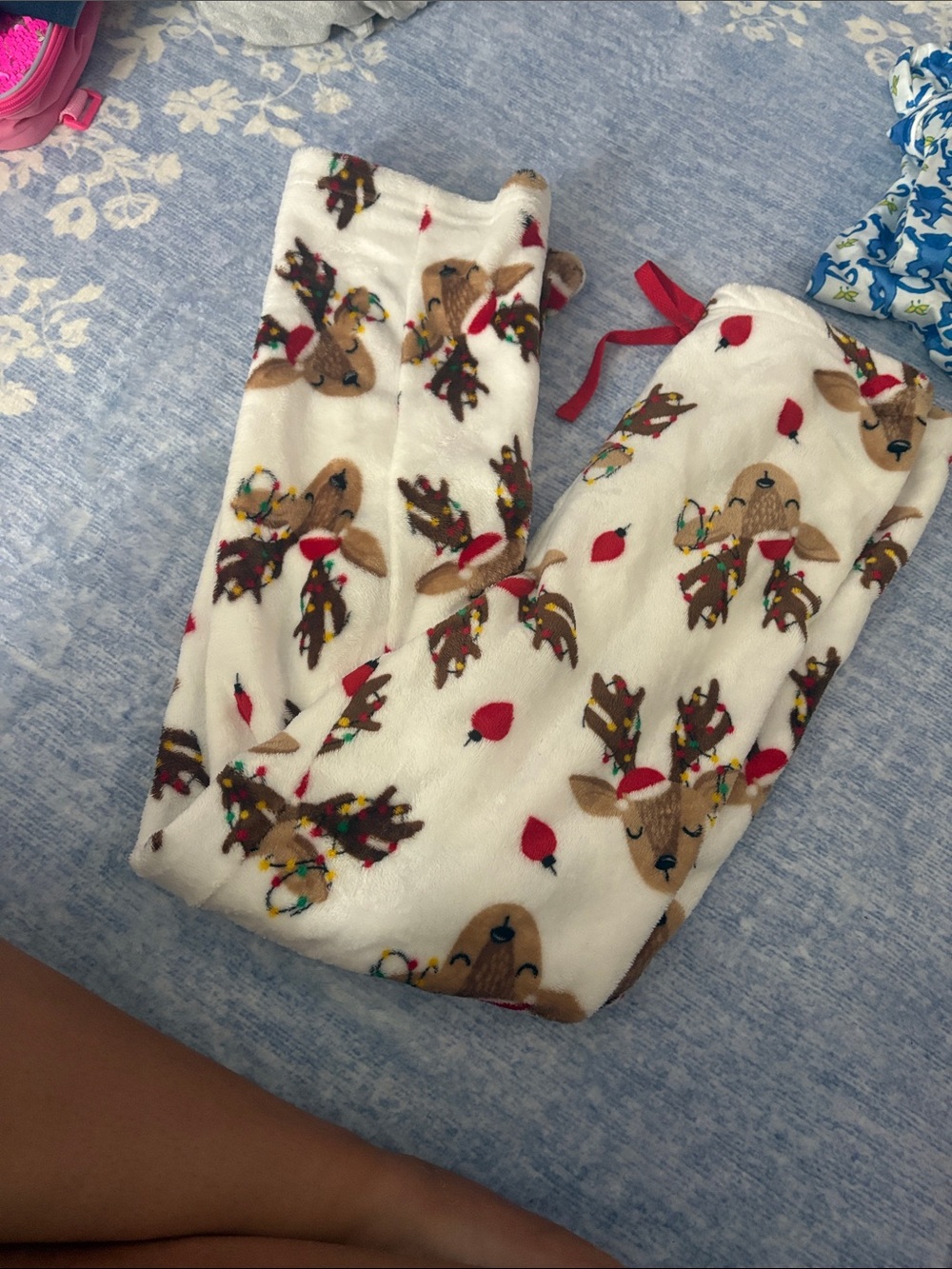 Amazon White Holiday Reindeer Fleece Pajama Pants with Red Accents